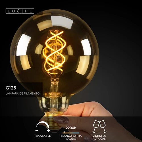 Lucide G125 - Lámpara de filamento - Ø 12,5 cm - LED Regul. - E27 - 1x4,9W 2200K - Ámbar - USP